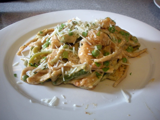 Shrimp Alfredro with Rose, Peas and Asparagus